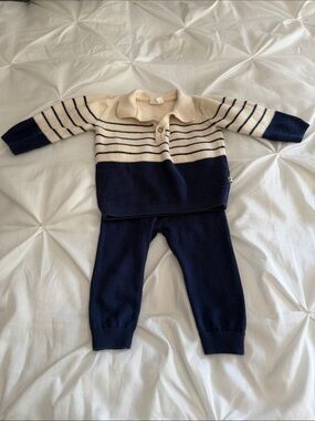 Cream and Navy Striped Knit Kids Matching Set